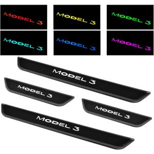 LED Door Sill Lights for Tesla Model 3 2017-2025 Accessories, ABS Scratch-Resistant Sill Protector with 7-Color RGB Lighting, Battery Powered Model 3 Pedal Mood Lamp, Matte Black, 4PCS