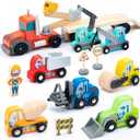 umu Construction Toy Cars 14 PCS Wooden Kids Mini Vehicles for Toddlers, Compatible to Thomas Train Toys Railway and Major Brands, Best for 3 to 5 Year Old Boys and Girls