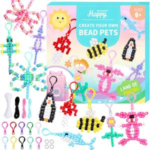 Happy Makers Bead Pets, Pony Beads Multicolor Animals Keychain Making Kit with Instruction, Keyring & Key Clasp, Ultimate Bead Pets Keychain, Art Craft for Beginners