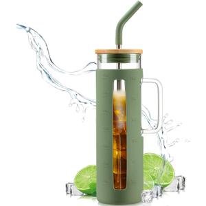Kodrine Glass Tumbler with Handle, 24 oz Iced Coffee Cup Boba Smoothie Cup, Bamboo Lid Home Office Tumblers, Olive