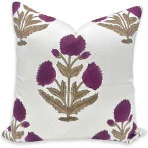 Handmade Boho Floral Block Print 18x18 Inch Thick Cotton White Pillow Cover with Zipper Decorative Cushion Case for Sofa, Couch, Living Room, Bedroom, Farmhouse & Outdoor (Wine-Badshah)