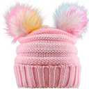 ACTLATI Kids Winter Knitted Beanie Hat Colorful Pompom Ears Ski Hat for Boy Girl(Ages 7-12) (Double Pom - Pink(knit Lined))