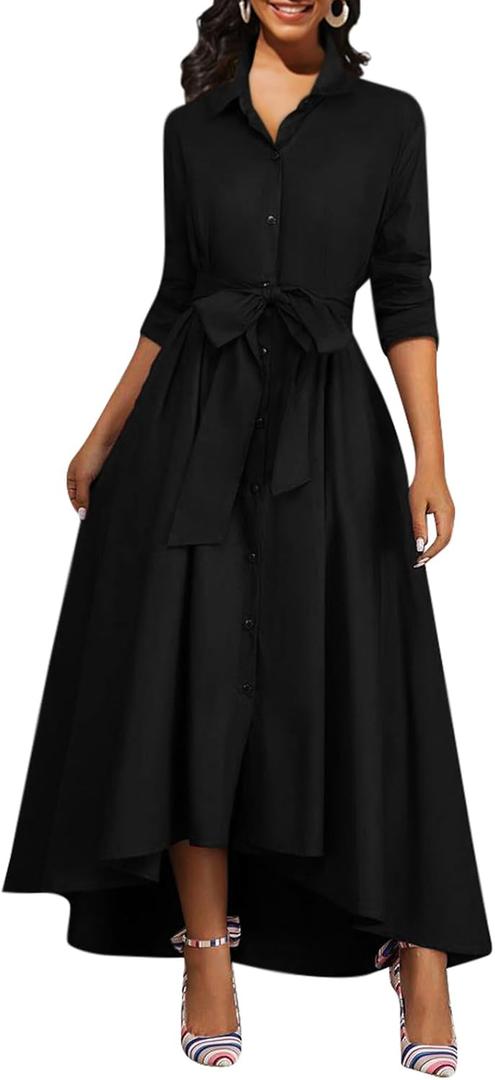 Women's Button Down T-Shirt Dress Casual High Low V Neck Loose Long Dress with Belts (X-Large, D Black)