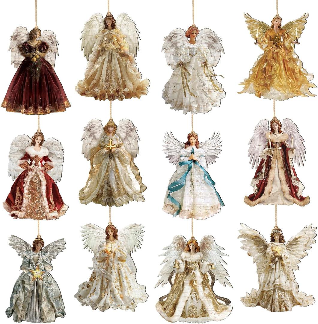 Syhood 12 Pcs Angel Christmas Ornaments for Tree Wooden Christmas Tree Decoration Set Retro Small Angel Hanging Decorations Figure for Crafts Gift Holiday Tags Party (Vintage Angels)
