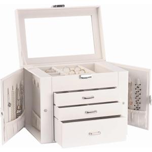Jewelry Box for Women 4-layer Leather Large Jewelry Organizer Box with Drawers&Mirror for Necklace/Ring/Earring/Watch Storage (White)