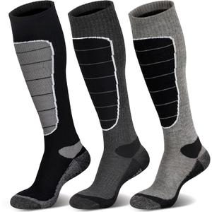 Hylaea Merino Wool Ski Socks, Cold Weather Socks for Snowboarding, Snow, Winter, Thermal Knee-high Warm Socks, Hunting (Large, Black Dark Grey Grey (3 Pairs))