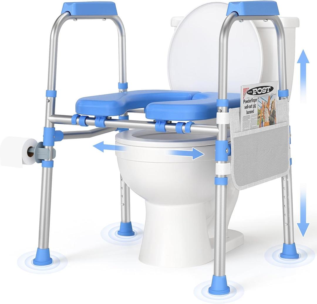 Padded Toilet Seat Riser for Seniors FSA/HSA Eligible, Adjustable Safety Frame Raised Toilet Seat with Handles, Heavy Duty Bariatric Recovery Elderly Assistance Products, Fits Round & Elongated