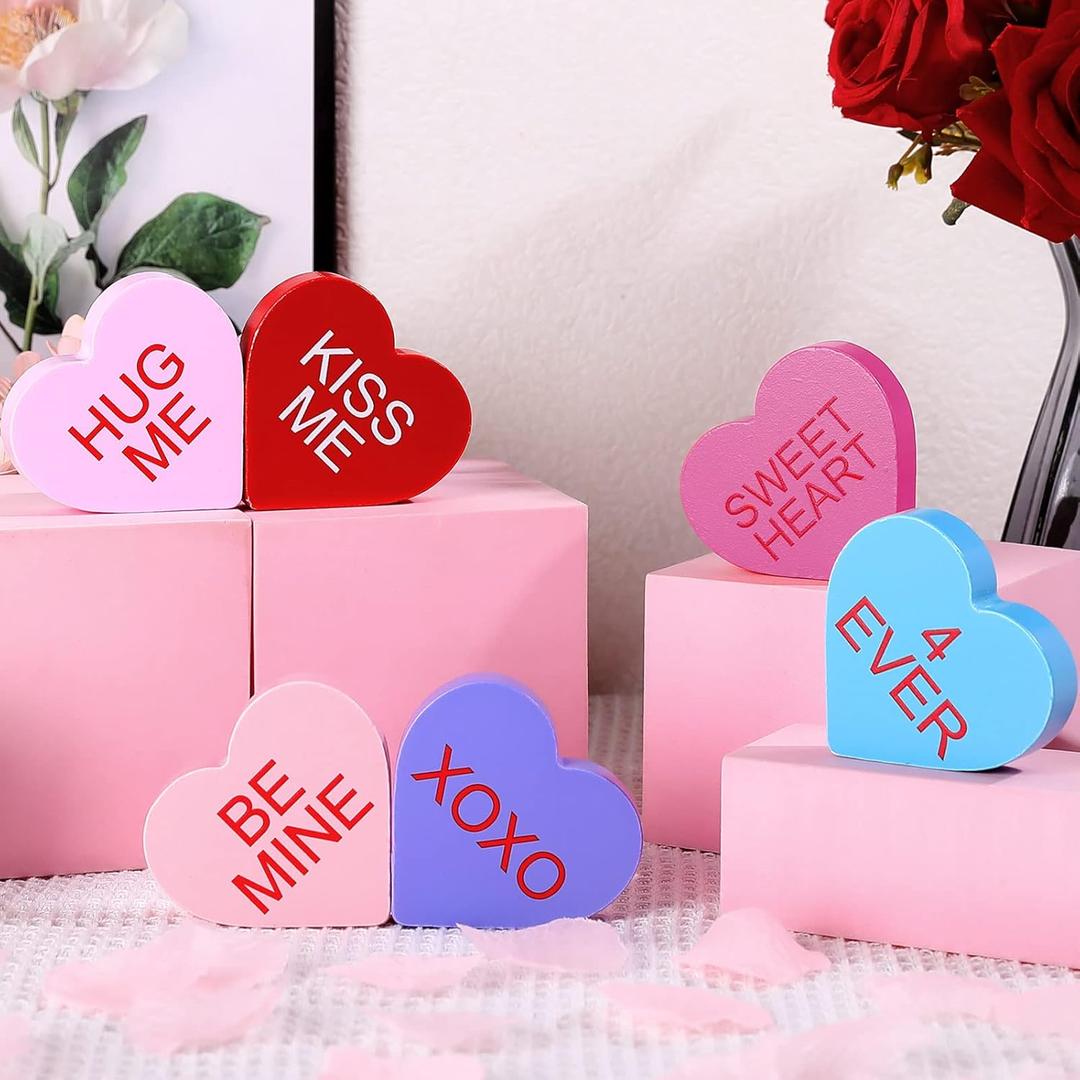 6 Pieces Valentine's Day Wooden Signs Colorful Heart Shaped Wood Tabletop Decor Valentine Tiered Tray Decor Love You Be Mine Kiss Me Table Centerpieces for Valentine (Bright Style,2.7 x 2.7 x 0.6 In)