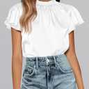 PRETTYGARDEN Business Casual Tops for Women Blouses Dressy 2026 Summer Short Sleeve Ruffle Satin Work Office Attire (White, L)