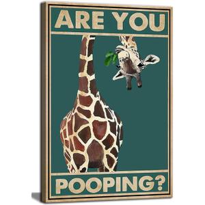 Funny Giraffe Bathroom Canvas Wall Art Picture Humorous Animal Toile Poster Prints Are You Pooping Painting Artwork Wall Decor for Washroom Restroom 16x24in Framed Ready To Hang