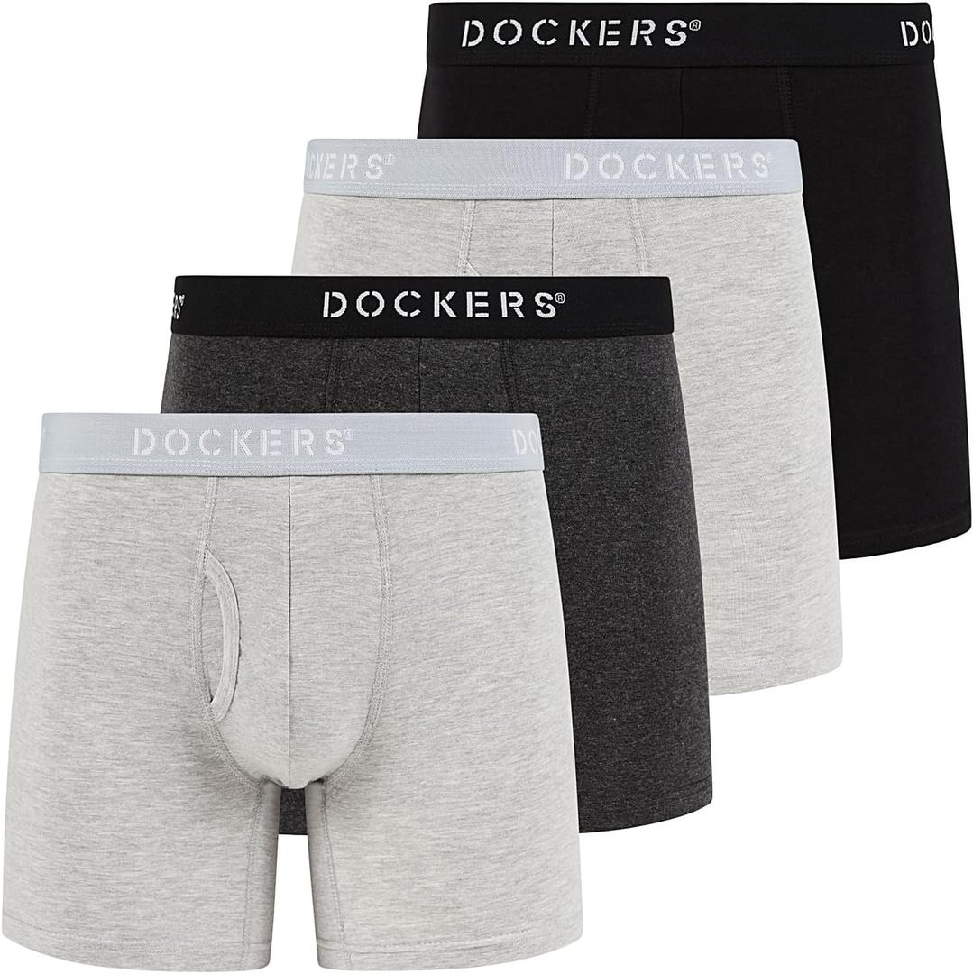 DOCKERS Men's Underwear Cotton Stretch Boxer Briefs for Men Pack of 4 (Black | Heather Charcoal | Heather Grey | Heather Grey) Large