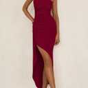 PRETTYGARDEN Women's Ruched Bodycon Dresses Summer Off Shoulder Asymmetrical High Split Elegant Cocktail Party Dress (Red, Large)