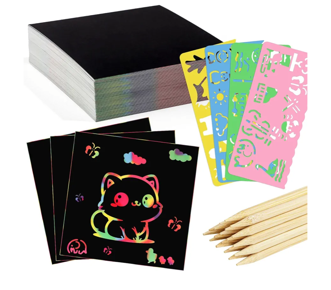 Prudiut 90 Pcs Scratch Art Paper Rainbow Sets, Rainbow Scratch Paper Black Scratch Off Art Gifts for Kids Art Craft Supplies Kits (3.35 x 3.35 Inches)