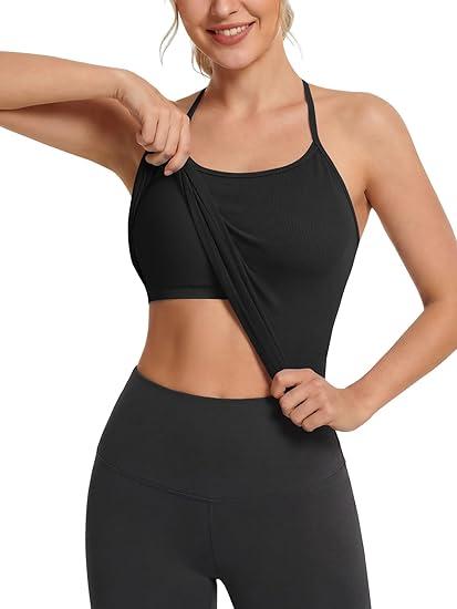 Rooscier Women's Ribbed Sleeveless Yoga Gym Athletic Crop Top Cami with Built in Bra, Small 