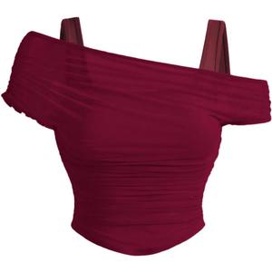 WDIRARA Women's Plus Size 2 in 1 Sheer Mesh Off Shoulder Tops Ruched Asymmetrical Short Sleeve Tee Shirt, 3XL