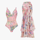 Women's One Piece Swimsuit Floral Print Tummy Control V Neck Bathing Suit with Cover Up Slimming Swimwear Summer Beachwear Small