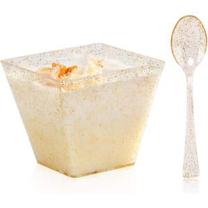 bUCLA 100Pack Square Small Dessert Cups-3oz Disposable Gold Glitter Plastic Bowls-100pack Mini Tasting Spoons-Great for Tasting Party Desserts Appetizers, 100pcs Dessert Cups And 100pcs Mini Spoons