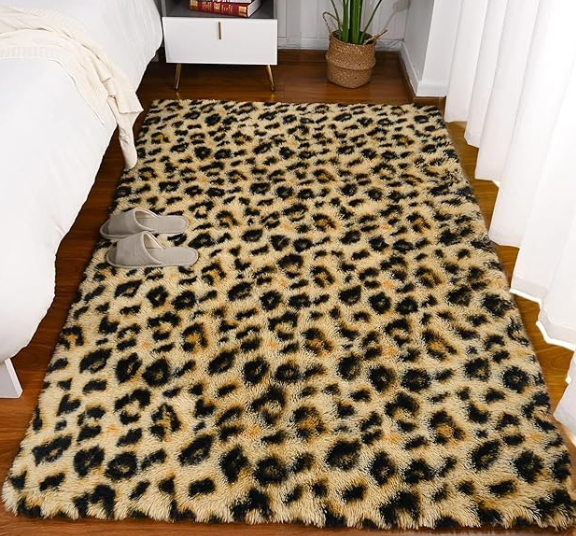 Amearea Fluffy Leopard Rug, Premium Cheetah Print Rugs, Soft Comfy Faux Fur Animal Carpet for Kids Room Bedroom, Living, Shaggy Teen Room Home Decor, Khaki 4x6 Feet
