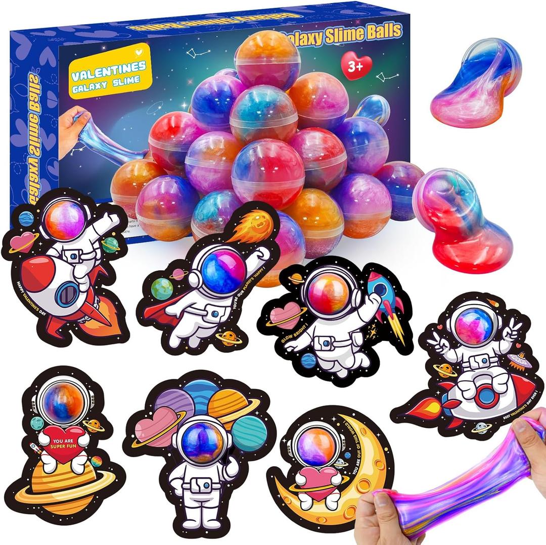28 Pack Valentines Day Gifts for Kids, Valentines Galaxy Slime with Valentines Cards Kids Stress Relief Fidget Set Valentines Day Gifts for School Classroom Valentines Party Favors