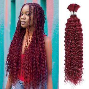 Burgundy 99J Deep Wave Bulk Human Braiding Hair 100g(2 Bundles Per 50g) 20 Inch Braiding Hair No Weft Brazilian Virgin Deep Curly Human Hair Extensions for Boho Braids