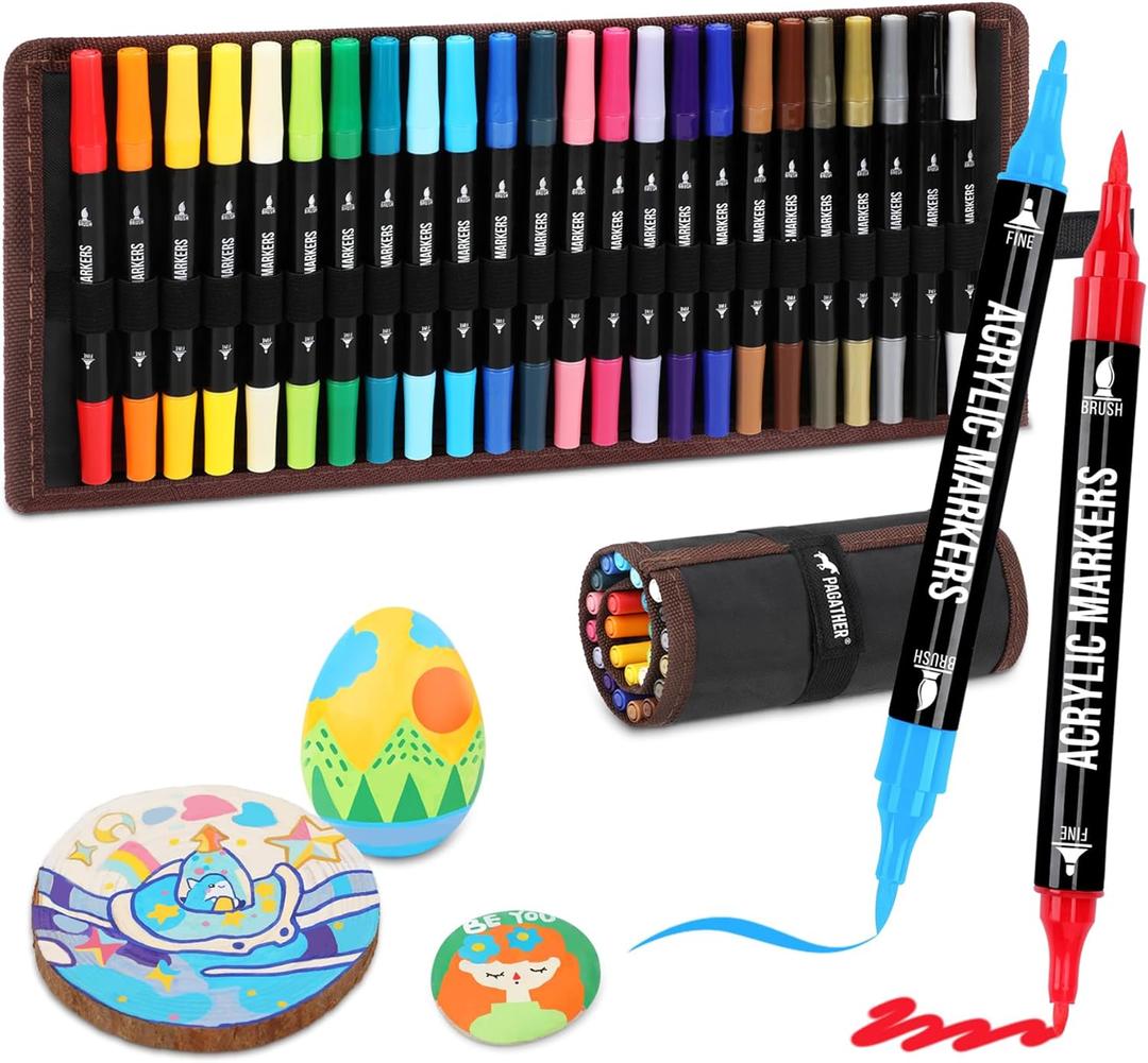 Pagather 24 Colors Acrylic Paint Markers, Dual Tip with Fine Tip and Brush Tip Pens for Stone, Wood, Calligraphy, Canvas, Ceramic, Metal, Glass, Rock Painting, DIY Crafts Art Supplies Kit