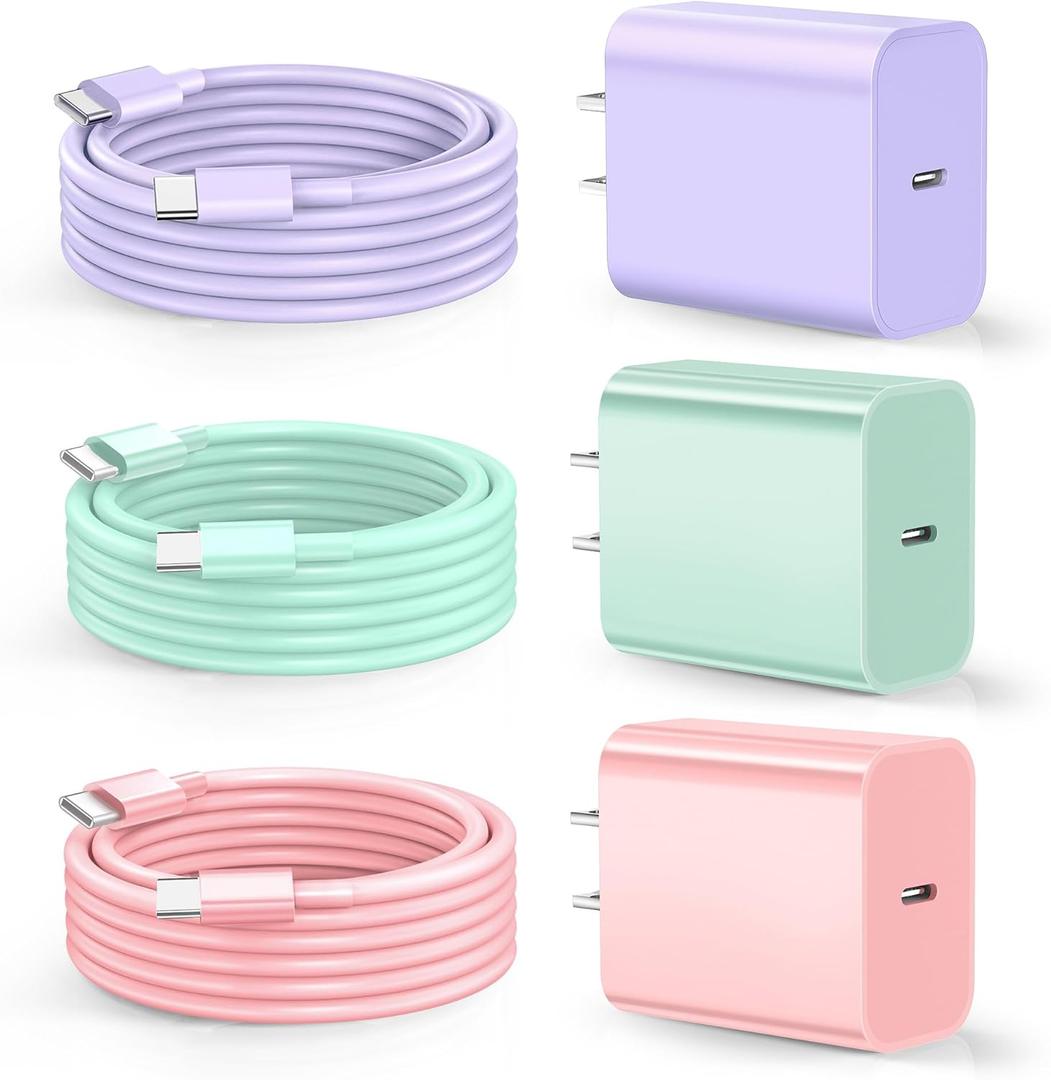 Dayaoncy Compatible with iPhone 17/16/15 Charge Fast Charging, 20W USB C Wall Charger with 3Pack 10FT USB C Cable, Type C Fast Charger Compatible with Phone/Android/Phone/Samsumg/Pad (Purple Green Pink)