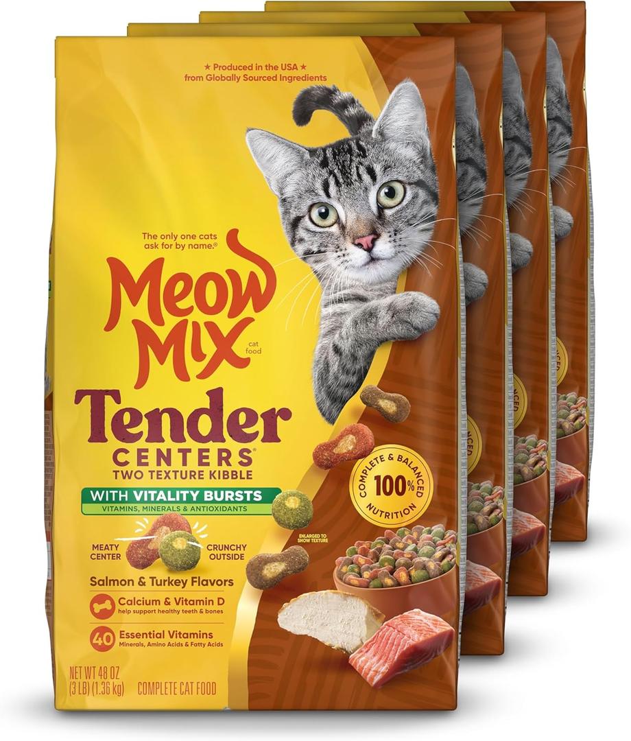 Meow Mix Tender Centers Dry Cat Food, Salmon & Turkey, 3 Pounds (Pack of 4), with Vitality Bursts