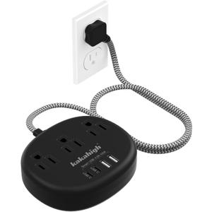 Short Extension Cord Black - Extension Cord 5 Feet, 1625W Power Strip 3 Prong with 3 AC Outlet 4 USB (24W/4.8A), Bedside Charging Station for Home, Office and Dorm