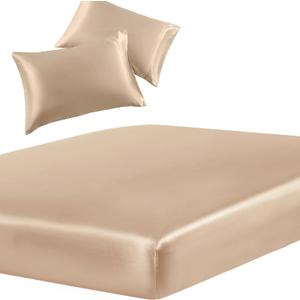 SiinvdaBZX 3-Piece Set Satin Twin Fitted Sheet & 2 Pillowcase, Beige Silky Soft Fitted Bottom Sheet, Wrinkle Free, Fade Resistant, Deep Pocket Bed Sheet (Deep Up to 15")
