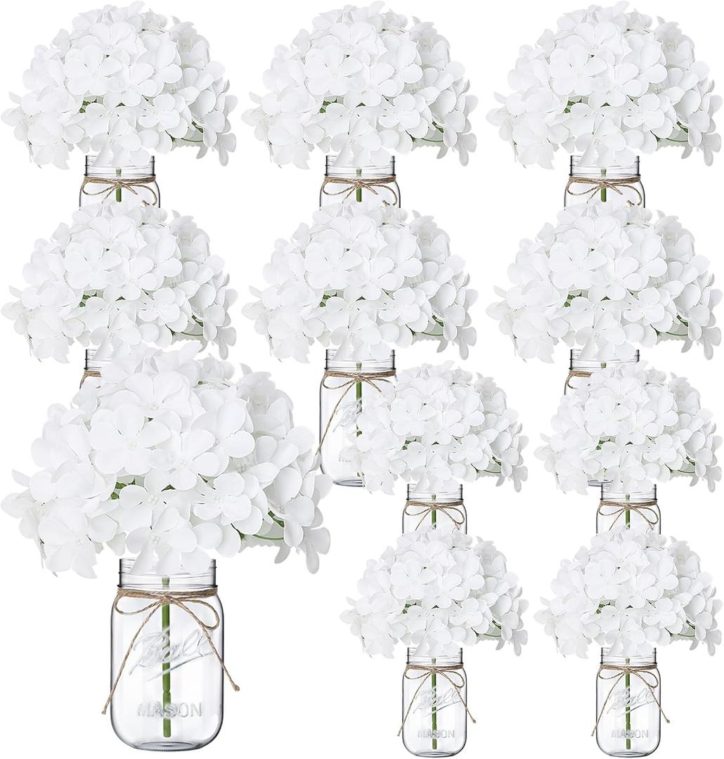 Flowers in Mason Jars for Table, 10 Set Artificial Hydrangea Table Centerpieces Glass Flowers Vases Decor for Home Party Wedding Farmhouse Bridal Shower Graduation Boho Decorative(White)