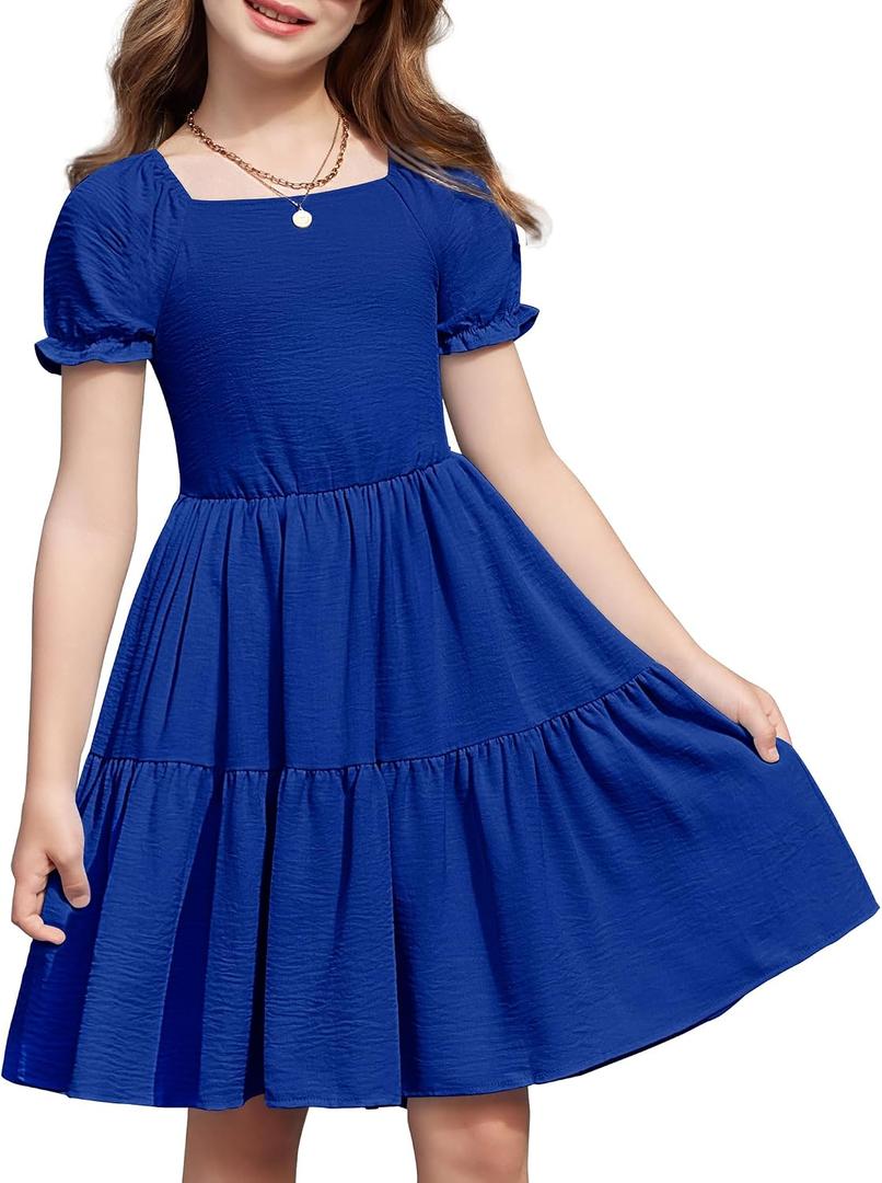 Arshiner Girls Summer Dress Tie Back Short Sleeve Square Neck Tiered Midi Casual Dresses with Pockets (Blue, L)