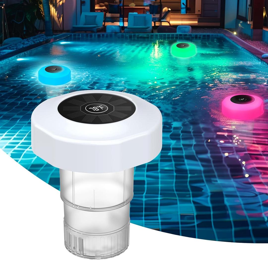 Solar Powered Pool Chlorine Floater with Light,Easy Read Digital Thermometer,IP68 Waterproof LED Color Change Swimming Floating Pool Chlorine Dispenser for 43 or 101 Inch Tablets,Spa Decor