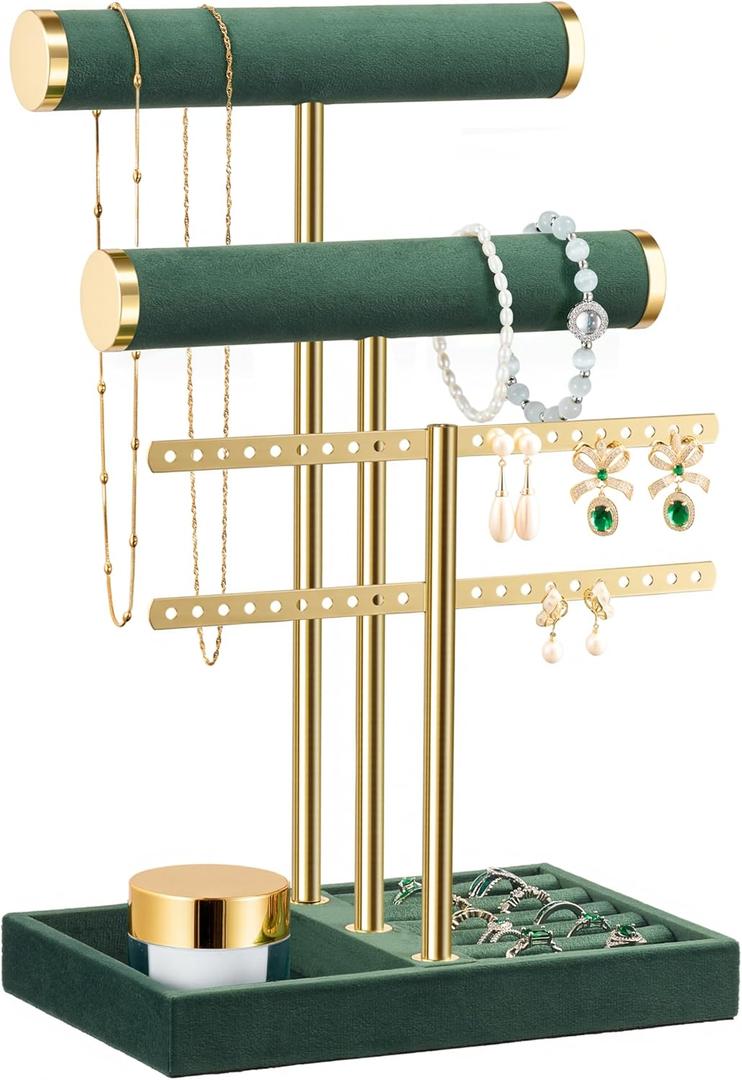3 Tier Bracelet Holder Display - Detachable T Bar Dark Green Velvet Bracelet Holder, Jewelry Holder Organizer for Bracelet, Necklace, Earrings, Rings