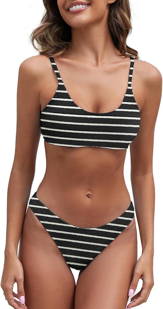 Fanuerg Women's Ribbed Bikini Sets Scoop Neck Cheeky Swimsuit Textured Two Piece Bathing Suit, XS