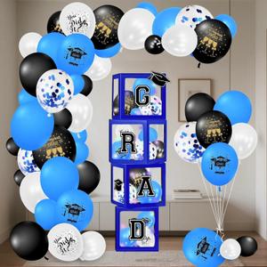 114 Pcs Blue Graduation Decorations Class of 2026, Balloons Arch Kit 4 Boxes Set Party Supplies Backdrop with So Proud of You Letters 4 Lighted Strings