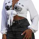 LovelyWholesale Women Tie Front Tops Graphic Crop Sexy Long Sleeve Deep V Neck Shirt White R Small (White, S)