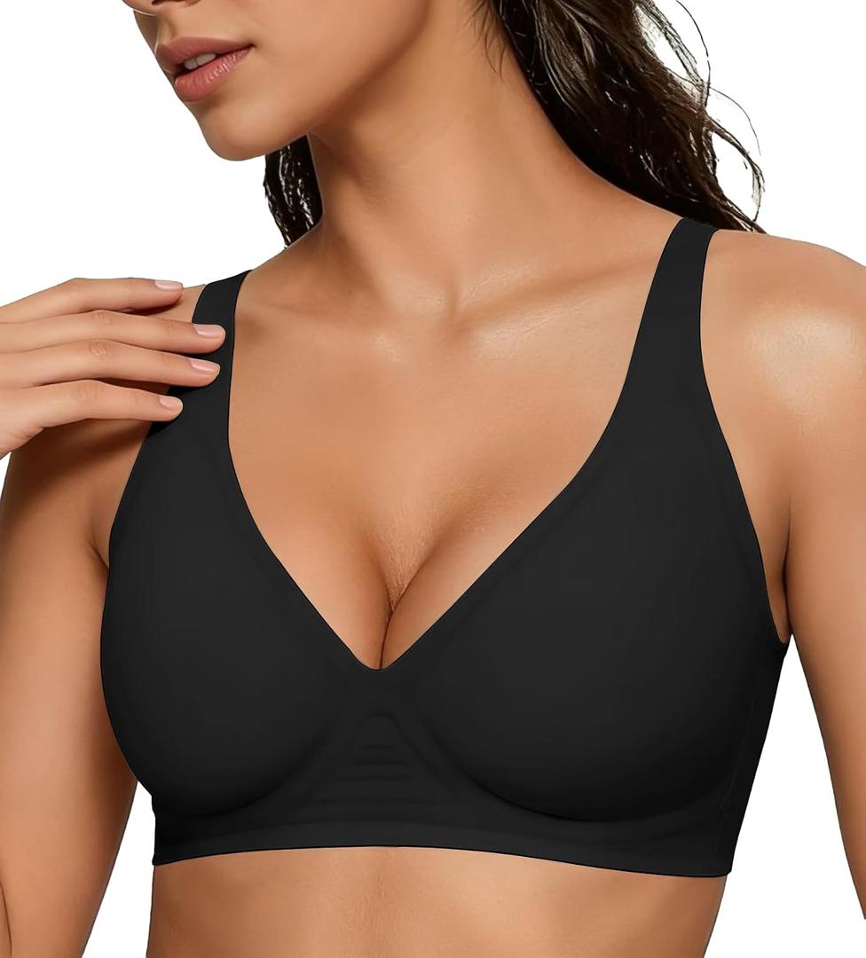 2 x 2026 Women Seamless Wireless Push Up Bras Deep V No Underwire Supportive Everyday Bra Full Coverage Plunge Bralettes (Black)