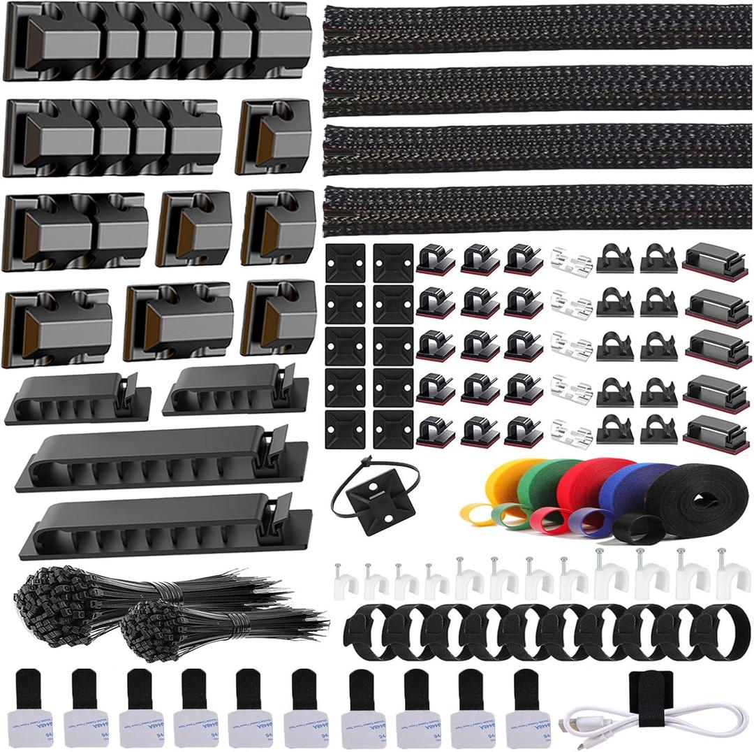 ELII 327 PCS Cable Management Kit 4 Cable Cable Sleeves,65 Cable Clips with 13Cord Holders,25 Roll Cable Organizer Straps,200 Fastening Cable Ties,20 Cable Zip Tie Mounts for Computer (Black)