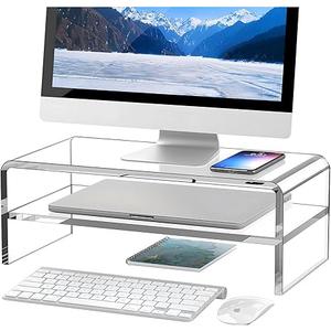 Egchi Clear Acrylic Monitor Stand Riser 2 Tier, 5.12 Inches High Clear Computer Desk Organizer Shelf for Multi Media PC Storage Laptop