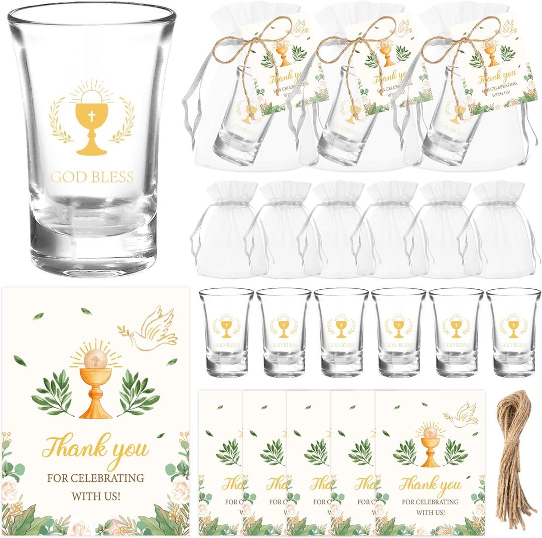 CJiangpo First Communion Favors Shot Glasses - 25 Set God Bless Shot Glasses with Thank You Card Organza Bag Cross Baptism Favors for Guests First Communion Christening Gifts Baby Shower Decorations