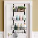 Over the Door Pantry Organizer 3 Tier Hanging Basket Back Door Storage Rack Shelf Metal Over the Door Shelves with 3 Baskets and 5 Hooks for Bathroom Kitchen Pantry Bedroom, Black