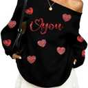 BANGELY Valentines Off Shoulder Sweatshirt Women Love Heart Long Sleeve Shirt Casual Oversized Sweatshirts Fashion Sequin Top, Large, Black