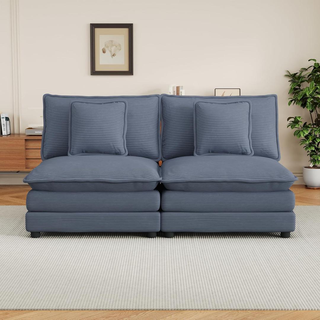 Merax 70.8" Modern Sofa 2 Seat Modular Sectional Sofa with 2 Detachable Pillows, Corduroy Upholstered Sofa Couch for Living Room, Blue