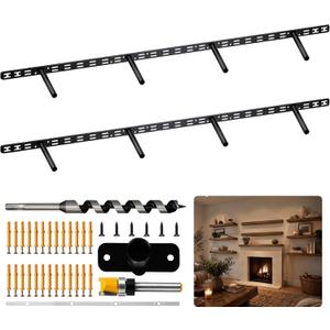 2pcs Heavy Duty Floating Shelf Brackets(Long Hole),43"x8"x1.0" Hidden Black Metal Fireplace Mantel Brackets，Invisible Floating Shelf Hardware for Heavy Duty Books and Wooden Shelves