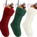 Fesciory 18 Inches Christmas Stockings Bulk, 3 Pack Large Size Cable Knitted Fireplace Hanging Stockings for Family Holiday Xmas Party Decorations, Burgundy&Ivory White&Green