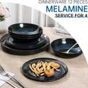 Melamine Dinnerware Set, 12pcs Plates and Bowls Set, Blue Dinner Dishes Set for Indoor and Outdoor, BPA-Free, Dishwasher Safe（Blue Cosmic）