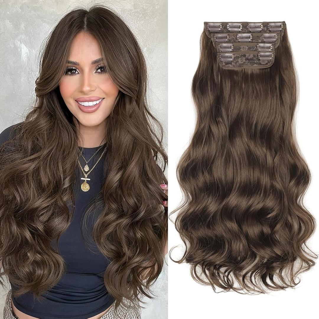 KooKaStyle Clip In Hair Extensions, Natural Long Layered Soft Invisible Synthetic Curly Wavy Hairpieces for Women, 4 pcs (20 Inch, Chocolate Brown)