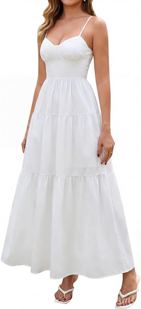 2026 Casual Beach Floral Maxi Boho Flowy A Line Sundress for Women | Lace Up Back, V Neck, Adjustable Spaghetti Strap, Vacation Wedding Guest Bridal Shower Tea Party Dresses (White)