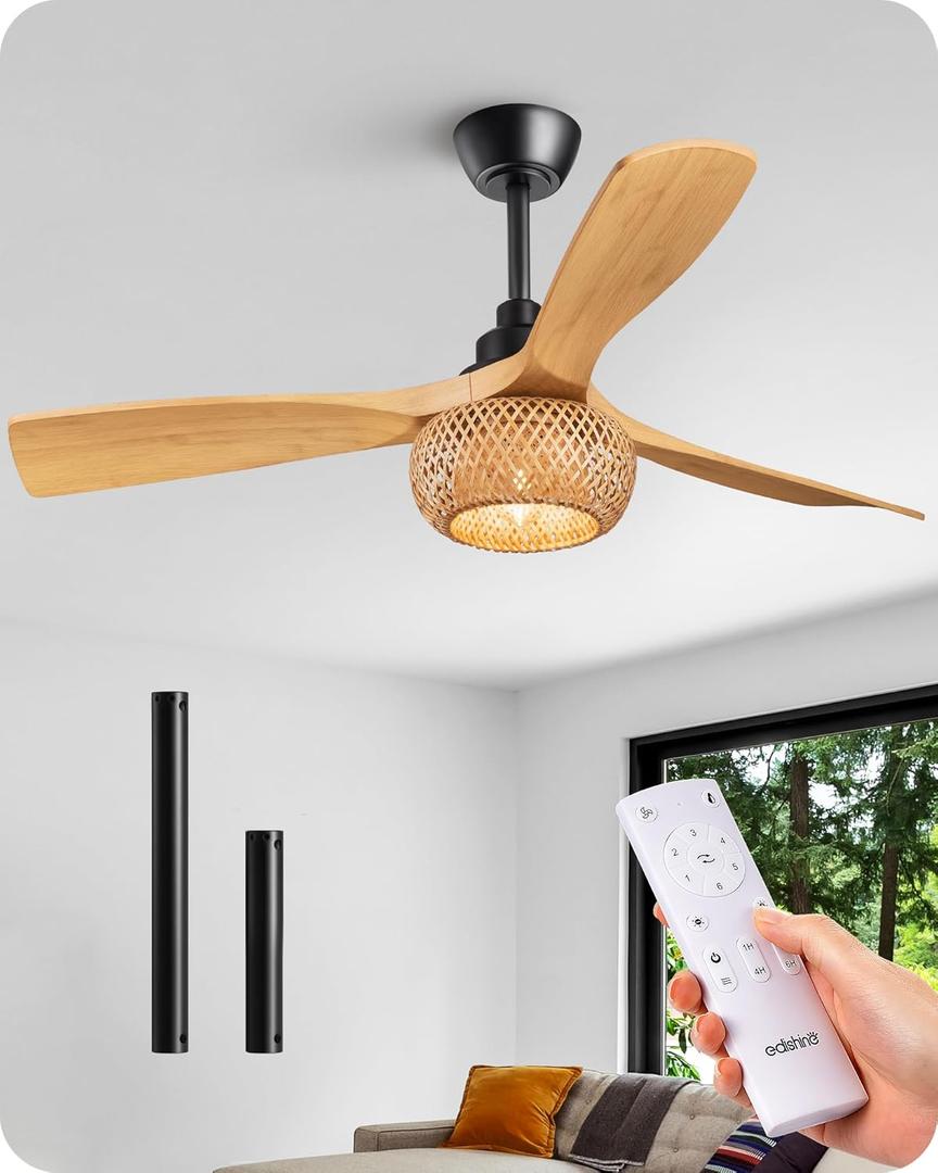 EDISHINE 52 Boho Ceiling Fans with Lights, Wickerwork Cage, Timer & Remote Control, 6 Speeds, Indoor Noiseless Rattan Lighting & Ceiling Fans for Living Room, Bedroom, Dining Room