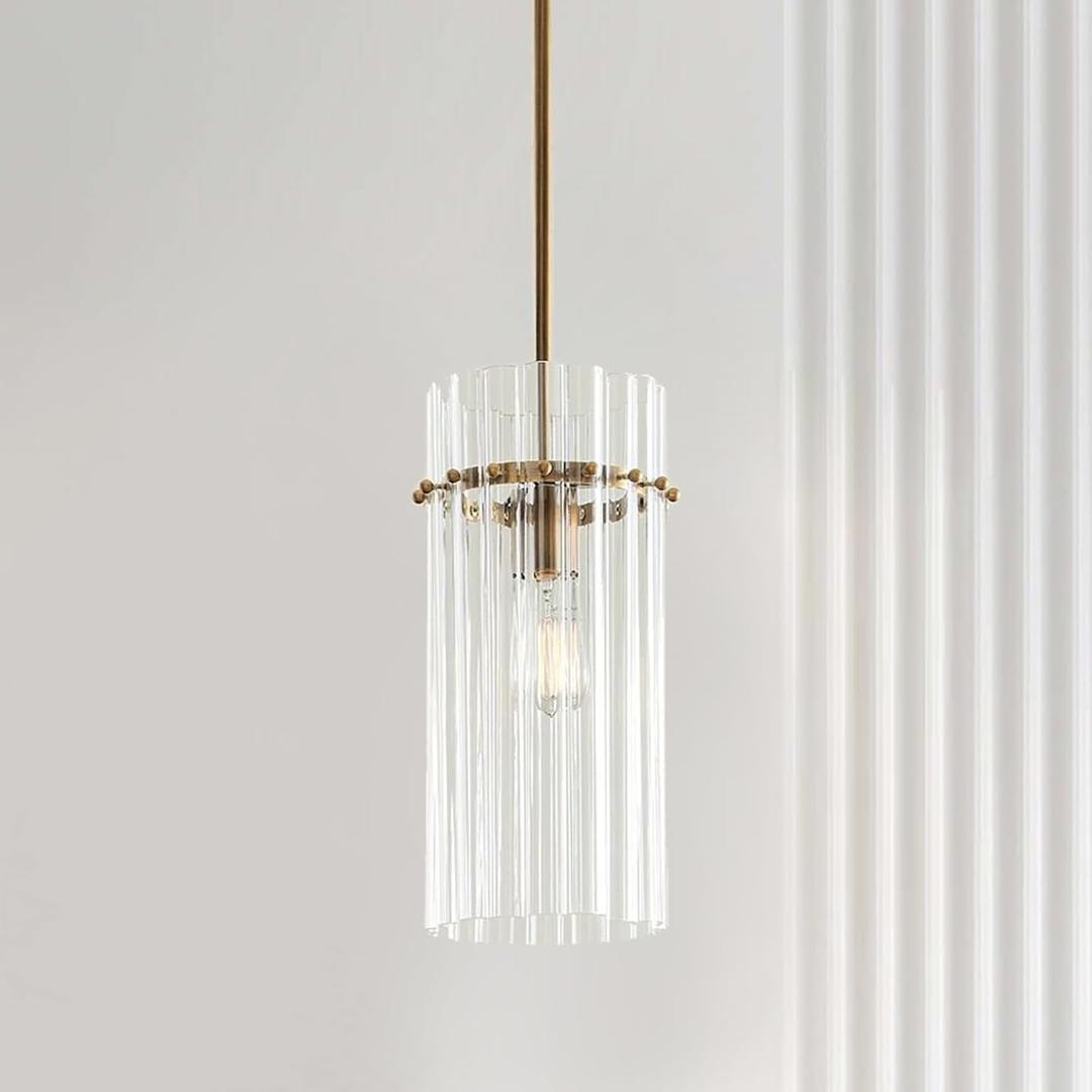 Crystal Fluted Finial Pendant Light with Tumbled Brass Finish, Crystal, Finial Details, Fluted Effect, Tumbled Brass Finish, 6.5" L x 6.5" W x 15" H, 6.5" Dia. x 15" h